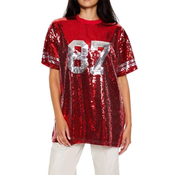 Forever 21 Tops - Forever 21 Sequin Varsity Stripe Jersey Tunic 87 Travis Kelce Swiftie Inspo Sz M